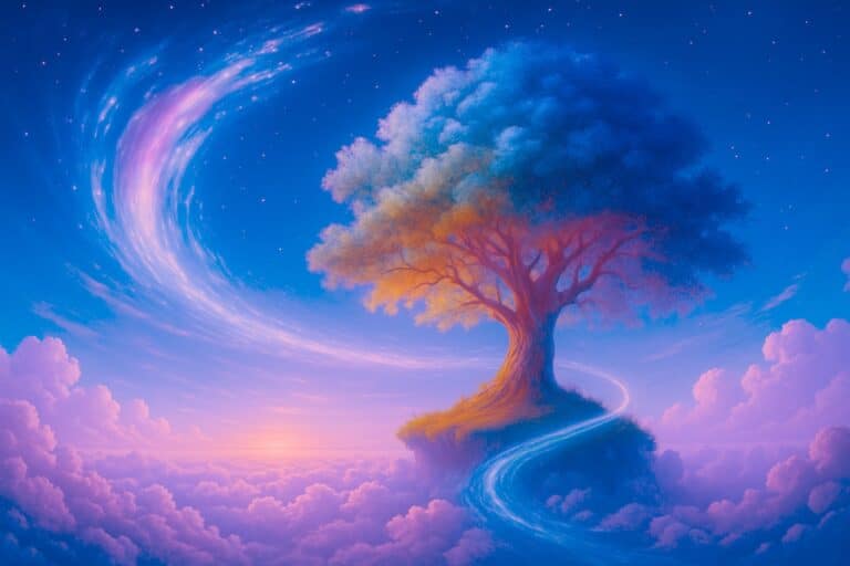 Mystische Lichtstruktur über einer kosmischen Landschaft – Struktur des Bewusstseins in Pastellfarben, Der Lebensbaum als Wegweiser für ein freies Leben.