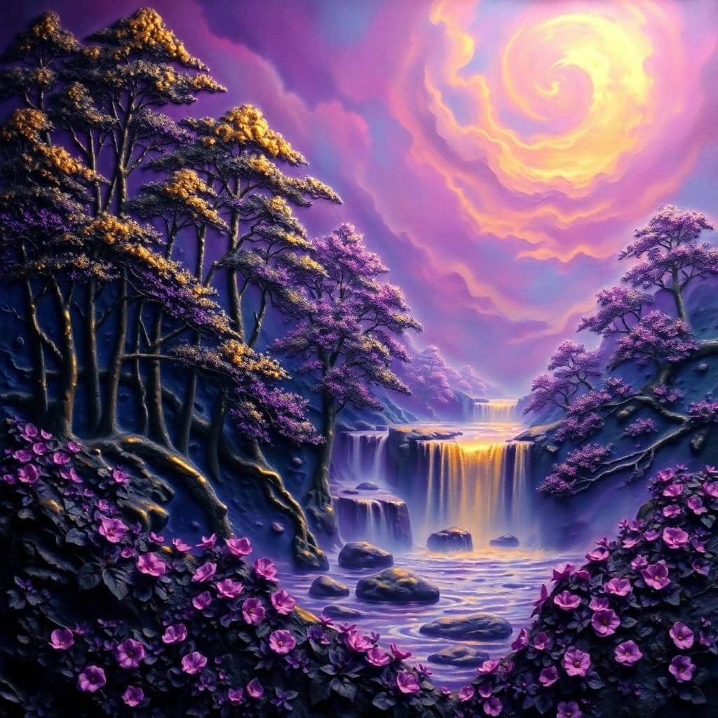 Landschaft mit violettem Himmel, spiralförmiger Lichtöffnung, Wasserfall und blühenden Pflanzen im Vordergrund. -KI-generiertes Bild.