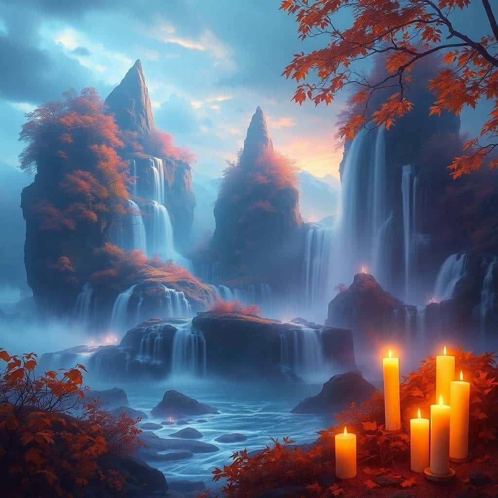 Surreale Gebirgslandschaft in Blau-Violetten Tönen, mit Wasserfällen die sich als blau kristallines Wasser sammeln. KI-generiertes Bild.