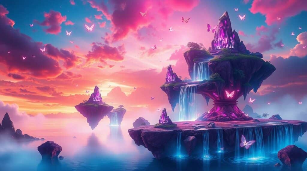 Schwebende Inseln mit violetten Kristallen, Wasserfällen und leuchtenden Schmetterlingen bei Sonnenuntergang. -KI-generiertes Bild.