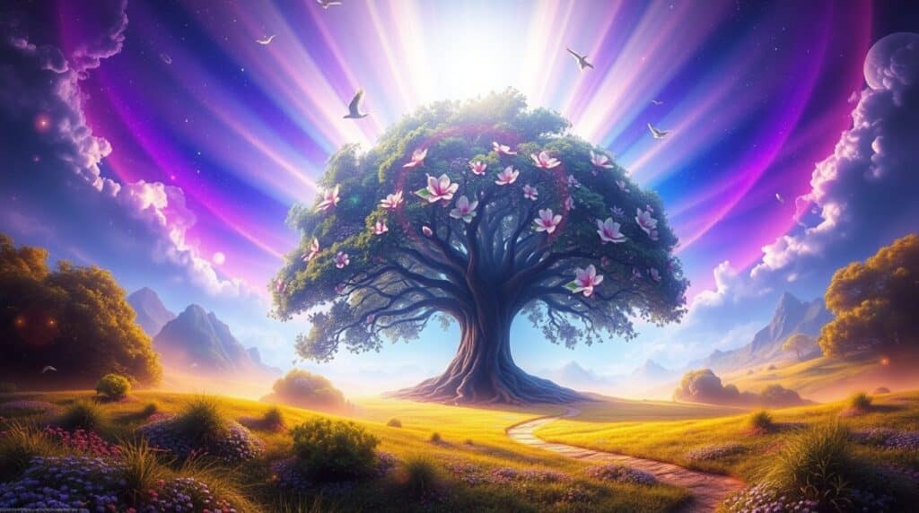 Eine surreale Landschaft, inmitten dessen der Kabbalistische Lebensbaum mit leuchtend strahlenden Blüten und einem Lichtermeer von oben als Symbol der Sephirot. -KI-generiertes Bild.