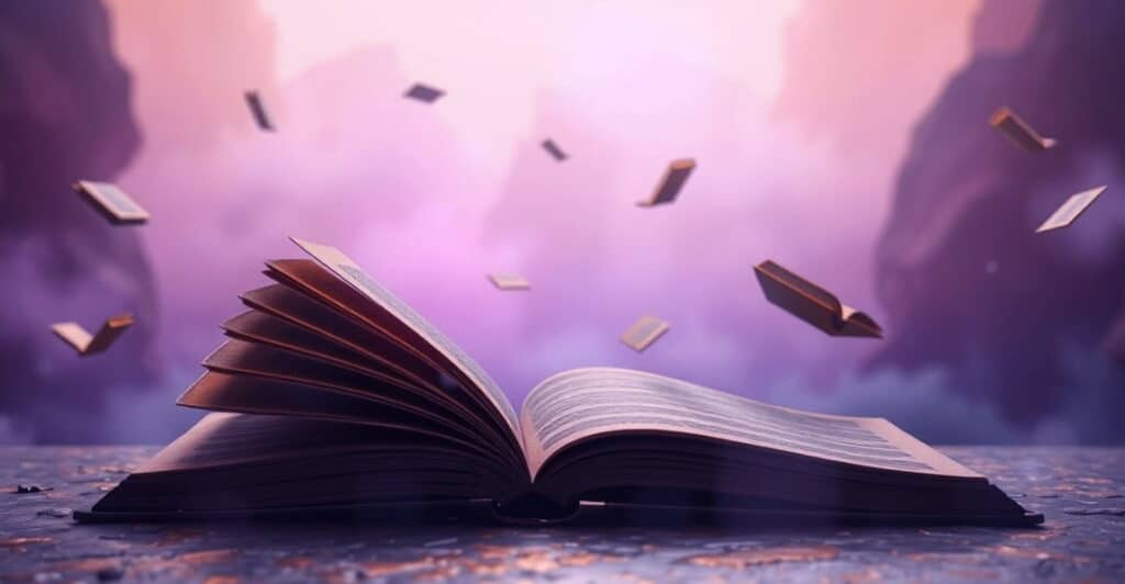 Ein offenes Buch inmitten einer mystischen Landschaft mit violett-goldenen Lichtnebel im Hintergrund.
