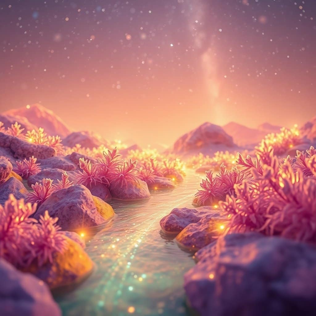 Surreale Fantasielandschaft mit leuchtendem Wasserlauf zwischen rosa-goldenen Felsen sinnbildlich für Transformation und den Weg zur inneren Freiheit. KI-generiertes Bild.