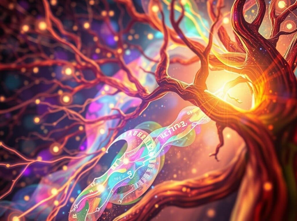 Leuchtender kabbalistischer Baum mit verzweigten Ästen, bunten Lichtstrukturen, sie stehen für leuchtende Sephirot, die Architektur der Schöpfung. -KI-generiertes Bild.